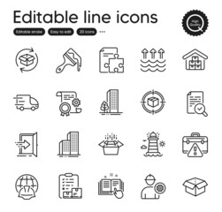 Poster - Set of Industrial outline icons. Contains icons as Return parcel, Construction document and Brush elements. Lighthouse, Packing boxes, Buildings web signs. Evaporation, Engineer. Vector