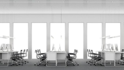 Poster - Contemporary spacious office room interior with city view and daylight. Workplace design concept with carpet floor and office furniture meeting room living area and reception hall white. 3D Rendering