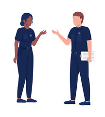Poster - Man and woman in police uniform semi flat color vector characters set. Editable figures. Full body people on white. Security simple cartoon style illustration for web graphic design and animation pack