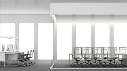 Poster - Contemporary spacious office room interior with city view and daylight. Workplace design concept with carpet floor and office furniture meeting room living area and reception hall white. 3D Rendering
