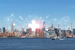 New York City skyline from Brooklyn, Williamsburg over the East River, Manhattan skyscrapers at day time, USA. Health care digital medicine hologram. The concept of treatment and disease prevention