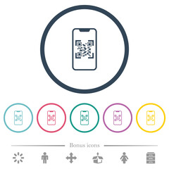 Sticker - QR code scanning on modern smartphone flat color icons in round outlines