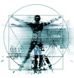 Vitruvian man of digital age, blue background.
 Illustration of vitruvian man with a binary codes symbolized digital age. Futuristic concept for technology and science.