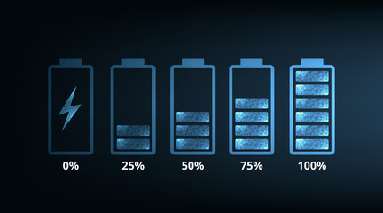 Concept of Battery charge indicator icons from blank to fully charged. Battery cells symbols.Energy Efficiency, Vector illustration.