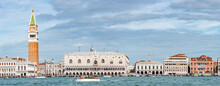 Panoramic View Of Doge Palace, Campanile And San Marco Square From Grand Canal Main Water Area During Evening Warm Sunset, Venice, Italy.