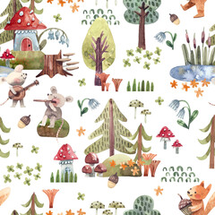 life, mice, squirrels, mushrooms, forest houses and plants on a white background. Cute kids background with forest characters and plants.