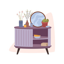 Mirror Desk Drawers In Living Room Isolated Bedroom, Living Room And Hall Exterior Design Element. Vector Flat Cartoon Locker With Mirror And Vases With Floral Decoration, Glasses And Bowls