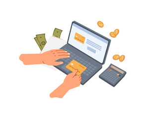 Aufkleber - Bank card and laptop, financial operation in internet online, buying from shop and paying in web. Banking service and commerce, investment or business. Vector in flat style illustration
