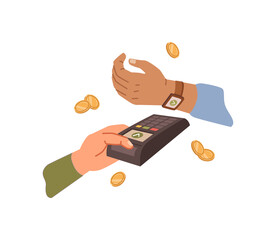 Aufkleber - Paying in contactless and wireless way, isolated terminal with hand wearing smart watch with nfc. Transaction and banking system, shop seller and customer. Vector in flat style illustration