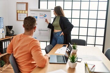 Canvas Print - Two caucasian business executives on chart presentation at the office.