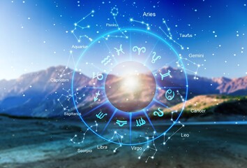Wall Mural - zodiac signs inside of horoscope circle. astrology in the sky with stars