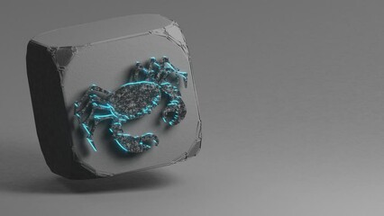 Aufkleber - Beautiful Black with blue neon light zodiac sign Cancer symbol icons on a beton cube and white gray background. 3d rendering illustration. Loops Video.