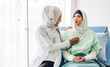 © Art_Photo - Muslim asian woman doctor service help support discussing and consulting talk to muslim woman patient at meeting health medical care express trust concept in hospital.healthcare and medicine