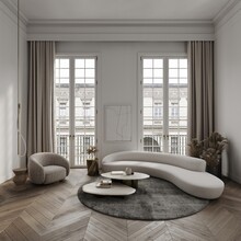 White Living Room In Classical Style Interior Mockup 3d Render With Large Windows And View To Classic Building