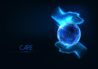 Wall Mural - Futuristic metaverse, cyberspace concept with glowing low poly human hands holding sphere on blue