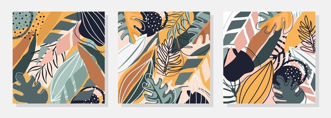  Minimalist Abstract Nature Art Shapes, Abstract Modern Boho Tropical Exotic Leaves Pattern, Plants Design For  Background or wallpaper, Template, Clothing, Fashion.