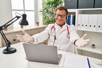 Sticker - Senior doctor man working on online appointment smiling cheerful offering hands giving assistance and acceptance.