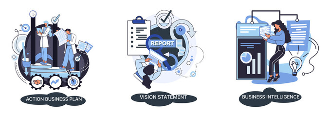 Business intelligence action business plan. Strategic planning automation process. Mission rules vision statement competitive intelligence, goals action plan, loyalty abstract metaphor, teamwork set