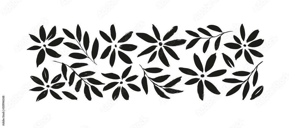 Vetor Black brush flower silhouettes. Spring flowers hand drawn vector ...