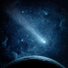 Wall Mural - comet, asteroid, meteorite flying to the planet. glowing asteroid and tail of a falling comet. eleme