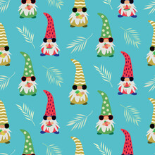 Cute Summer Gnomes With Sunglasses Holding Fruits And Palm Tropical  Leaves Seamless Pattern. For Summer Posters, Textile And Home Décor 