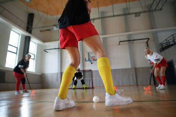 Sticker - Lowsection of woman, floorball player during match in gym.