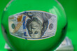 Close up view of crystal ball with inverted image of 100 dollars bill. Sweden.