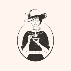 A woman in an elegant hat drinks coffee or tea. Retro style vector illustration. 