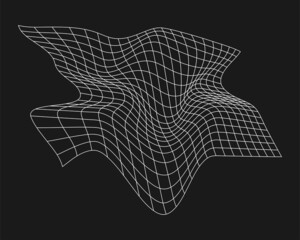 Poster - Cyber distorted grid, retro punk design element. Wireframe wave geometry grid on black background. Vector illustration