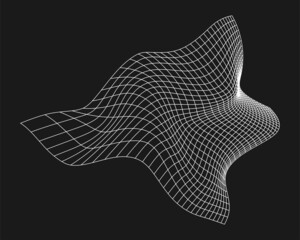 Poster - Cyber distorted grid, retro punk design element. Wireframe wave geometry grid on black background. Vector illustration