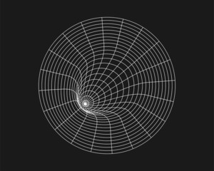 Poster - Cyber distorted round grid, retro punk design element. Wireframe wave geometry grid on black background. Vector illustration.