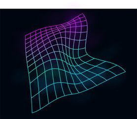 Poster - Color cyber distorted grid, retro punk design element. Wireframe wave geometry grid on black background. Vector illustration
