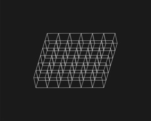 Poster - Cyber distorted grid, retro punk design element. Wireframe wave geometry grid on black background. Vector illustration