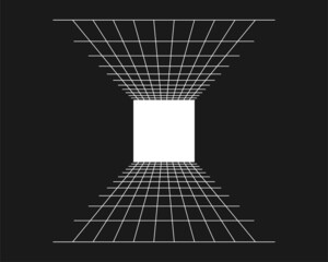 Poster - Cyber grid, retro punk perspective rectangular tunnel. Grid tunnel geometry on black background. Vector illustration.