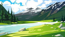 Landscape With Mountains, River And Spruce Forests. Vector Illustration