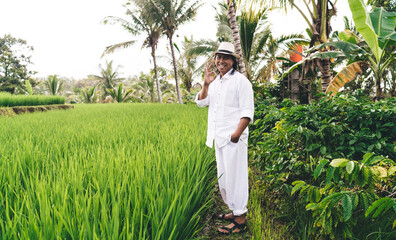 Wall Mural - Full length portrait of joyful male farmer in casual clothes showing OK during daytime at rice fields with coffee bush for growing caffeine beans, cheerful Balinese man enjoying agriculture business