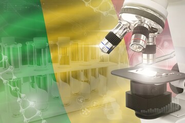 Wall Mural - Microscope on Mali flag - science development digital background. Research of vaccine design concept, 3D illustration of object