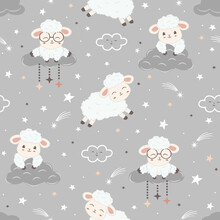 Kawaii Cute Sheeps Seamless Pattern Design For Paper Goods, Background, Wallpaper, Wrapping, Printing, Fabric, Swaddles, Apparel And All Your Creative Projects.