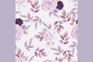 Sticker - Beautiful seamless pattern beautiful purple flower and leaves Premium Vector