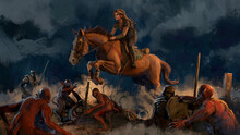 Digital Painting Of A Mail Carrier Or Courier Jumping Her Horse Into A Battle In A Classic Oil Paint Style - Fantasy 3d Illustration