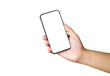 © Kenstocker - Hand holding Smartphone bank screen for copy place isolate on white background.