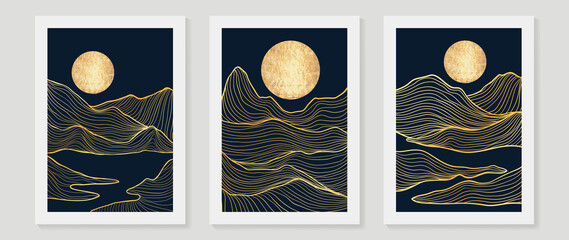 Set of abstract mountain wall art template. Elegant line art, hills, gold lines, moon, watercolor texture. Collection of landscape wall decoration perfect for decorative, interior, prints, banner.