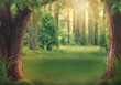 canvas print picture - Fantasie Wald umrahmt von Bäumen mit Blätterdach