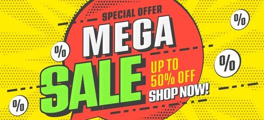 Mega sale banner with special offer up to 50 percent off