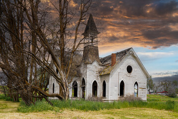 An abandoned vintage Methodist church in Grass Valley, Oregon.  Focus stacked to insure sharp focus.