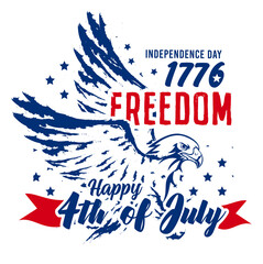 Wall Mural - USA 4th of july sign, symbol, t-shirt design of freedom with eagle illustration and stars, grunge design style. Vector design. 