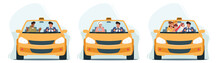 Set Of Characters Use Taxi Service. Customers Or Clients And Driver In Cab View Through Windshield. Family With Children