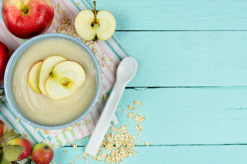 Wall Mural - Oatmeal porridge for a baby made of ground cereals in a blue bowl with red ripe apples on a mint background. Space for the text. The first complementary food of a child, baby nutrition.