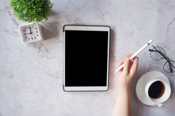 Fototapete - Cropped shot view of business woman’s hands typing the labtop with blank copy space screen for your information content or text message.