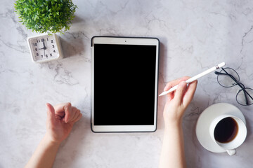 Fototapete - Cropped shot view of business woman’s hands typing the labtop with blank copy space screen for your information content or text message.